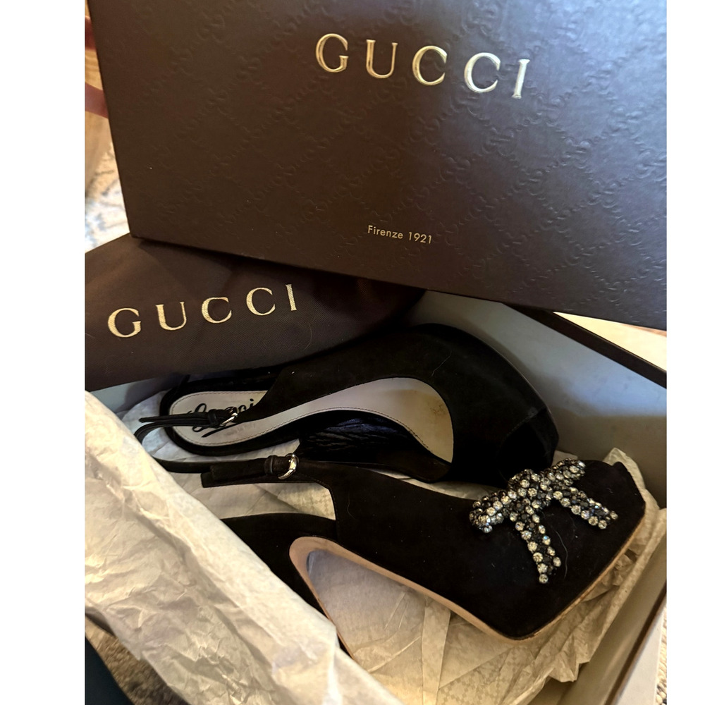 Gucci 8 Rhinestone $1120 Bow Slingback Platform Heels Suede Peeptoe Pumps 38 - Picture 4 of 14